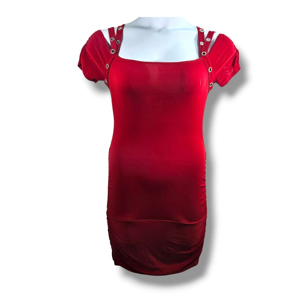 FD Dress Large Red Bodycon Cold Shoulder Studded Straps Ruched Cutout